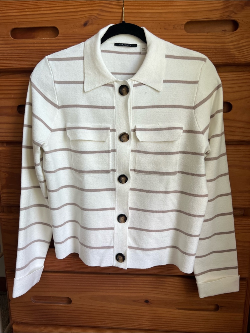 Tahari Cream and Taupe Striped Button Cardigan